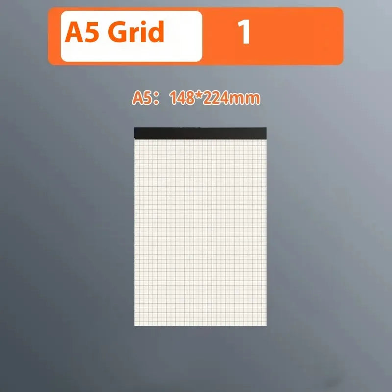 A5, B5, and A4 writing pads showing horizontal line, grid, and blank ruling options with 80 wood-free paper sheets