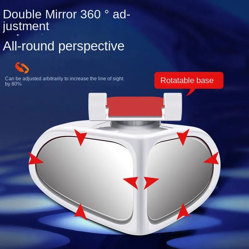 Black adjustable wide-angle car auxiliary mirror showing 360-degree rotation mechanism.