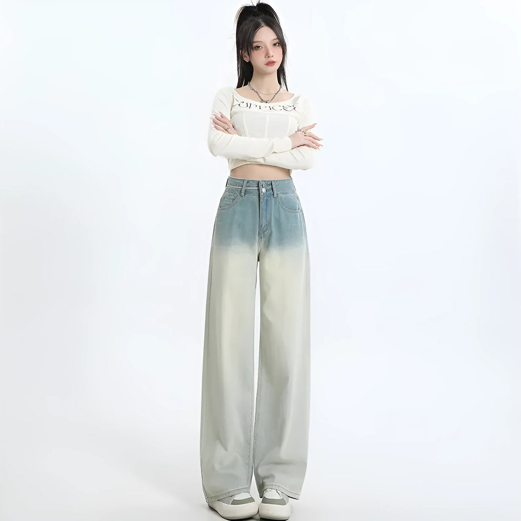 Women's straight-leg denim trousers in a gradient blue colour with a wide leg fit.