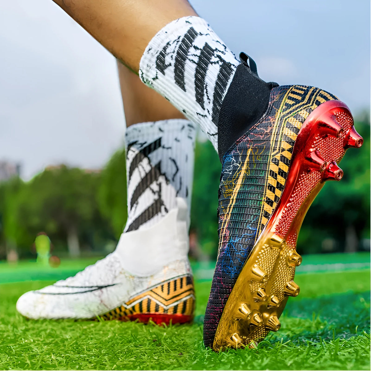 High-top football training shoes with gold-plated sole and synthetic leather upper in mandarin duck colour