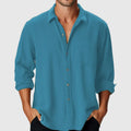 Men's loose fit beach holiday shirt in polyester with stand collar and long sleeves