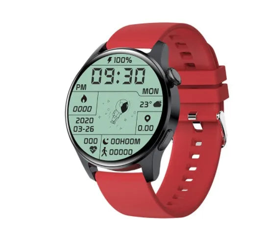 Smart watch with round colour touch screen on a silicone strap, showing heart rate and call interface.