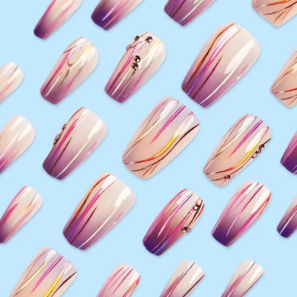 Magic purple gradient nail stickers with starry sky pattern and jelly glue for short ballet-length nails