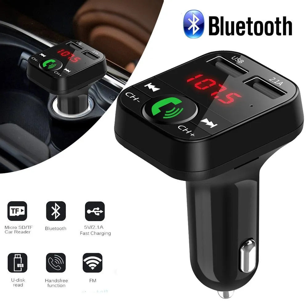 Black FM transmitter car charger receiver with LED screen, USB2.0 interface, TF card slot, and 12-24V cigarette lighter power supply