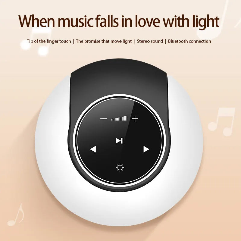 Blue Bluetooth speaker desk lamp with folding design and touch controls showing white, yellow and blue LED lighting