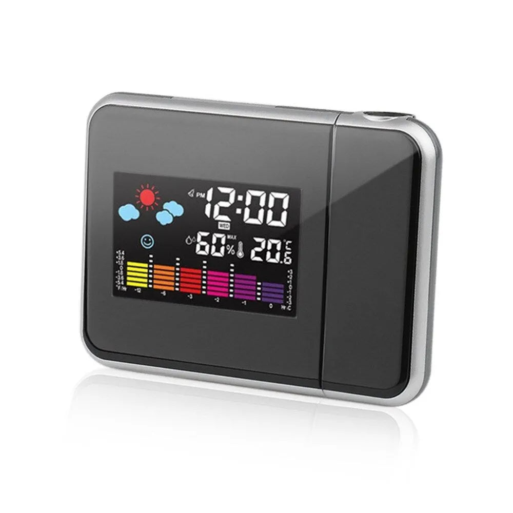 Black digital projection alarm clock showing time, temperature and humidity on multicolour LED display