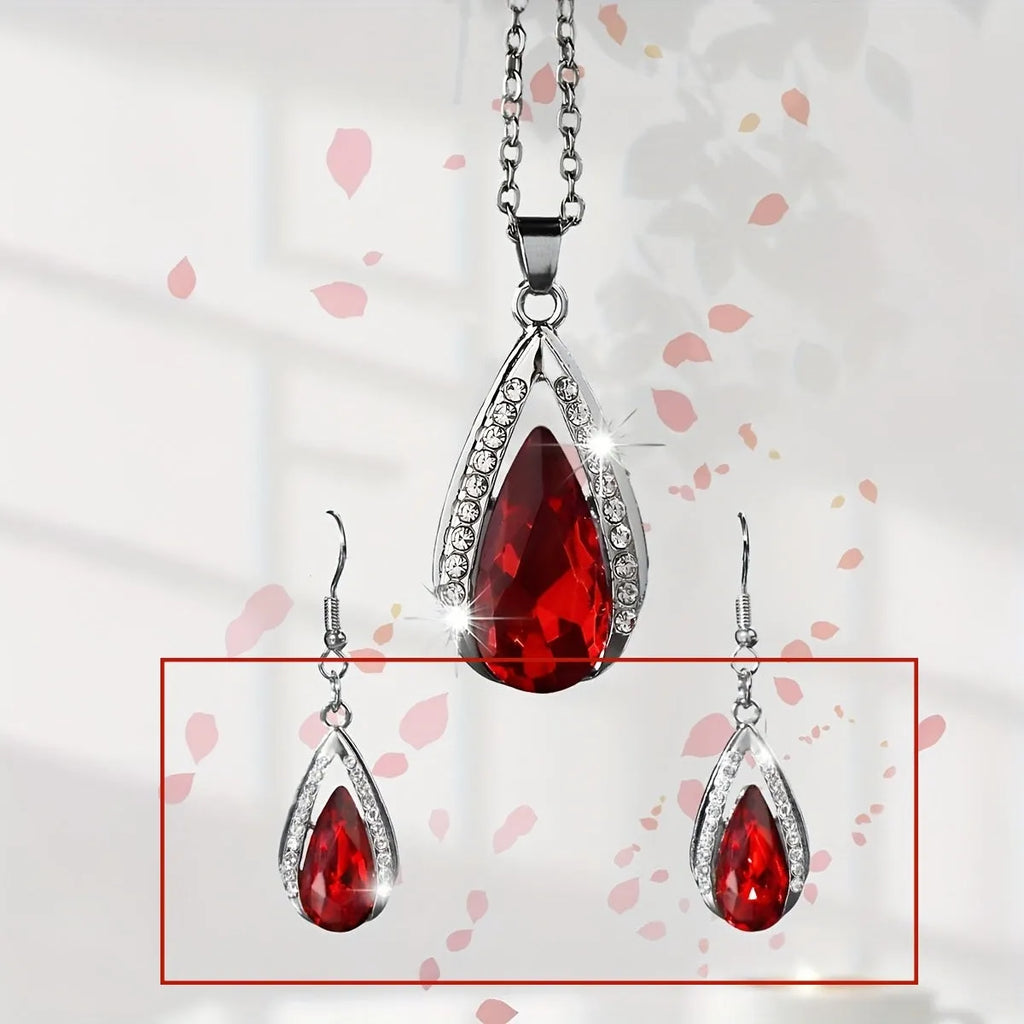 Alloy teardrop pendant necklace and earrings set in black or red colour options