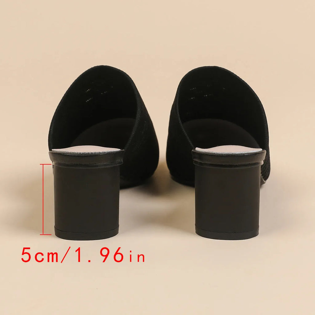 Women's pointed toe sandals with a toe cap and a chunky 5cm high heel in a fabric upper.