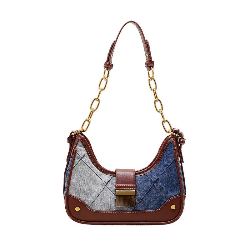 Brown denim women's bucket shoulder bag with chain strap and diamond mesh detail.