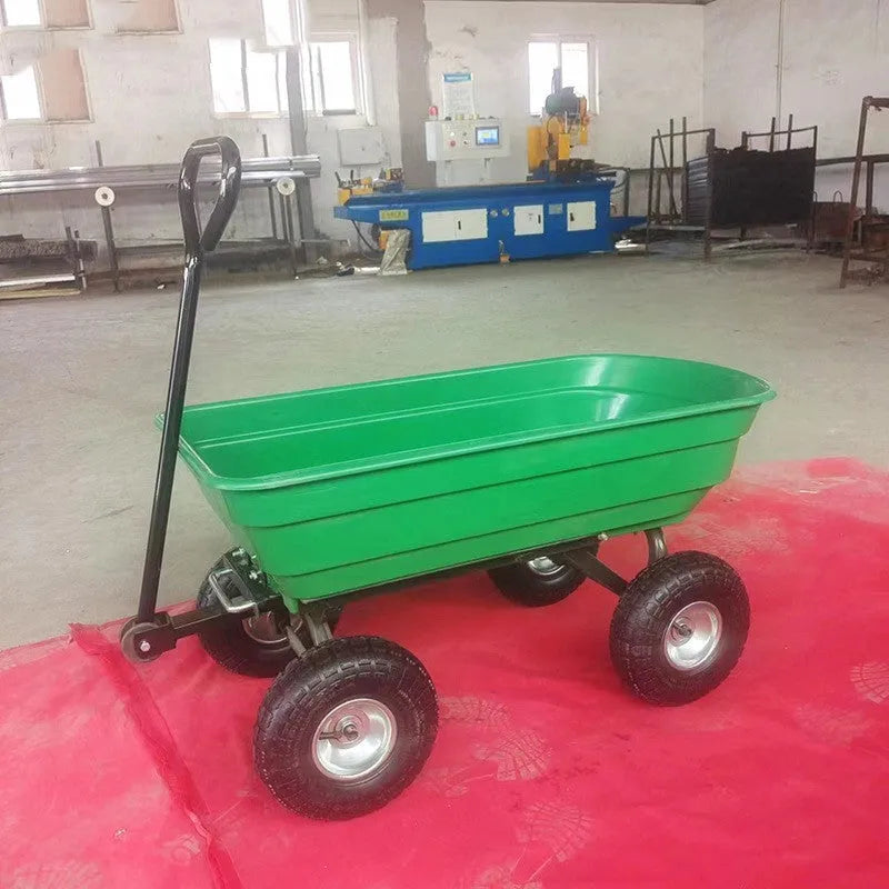 Green four-wheel plastic dumptruck with steel frame and 350kg load capacity
