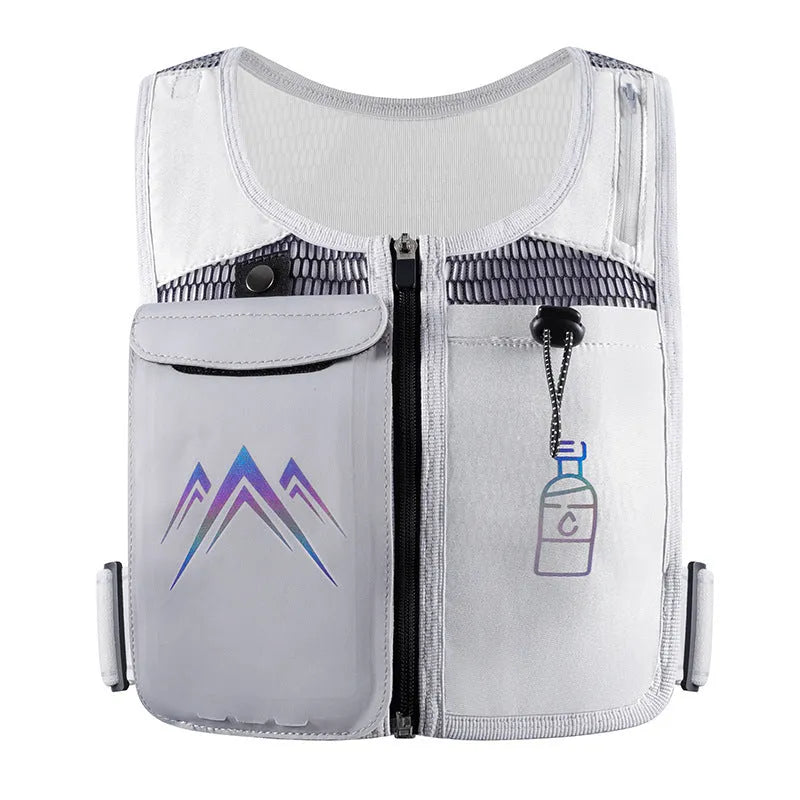 Breathable mesh sports running vest showing phone compartment and optional 500ml kettle accessory in classic black colour