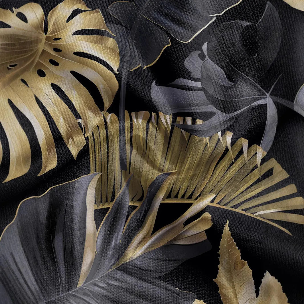 Men's gold shirt with tropical plant pattern print and short sleeves