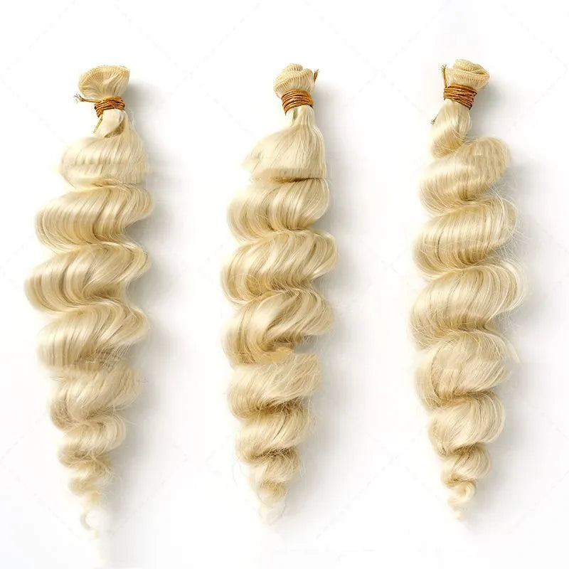 Golden synthetic hair weft wig for women in three length options.