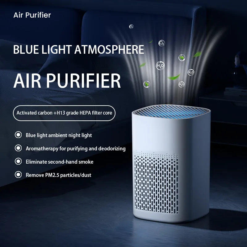 Simple style desktop air purifier with USB power cable for small rooms.