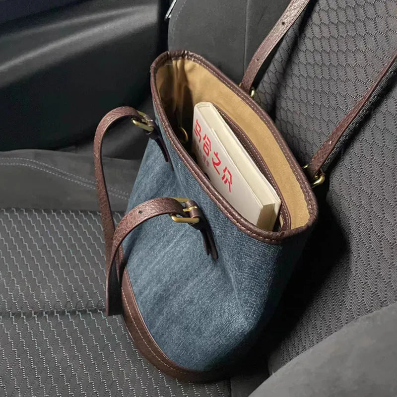 Denim patchwork pattern polyester bucket handbag with one shoulder strap