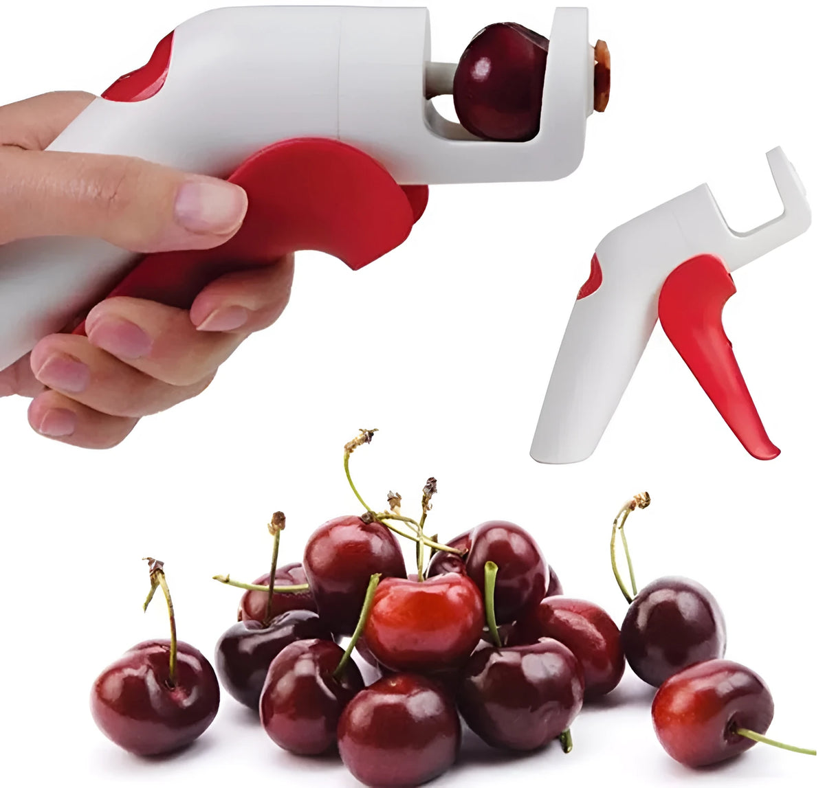 Stainless steel manual cherry kernel remover tool on a kitchen worktop.
