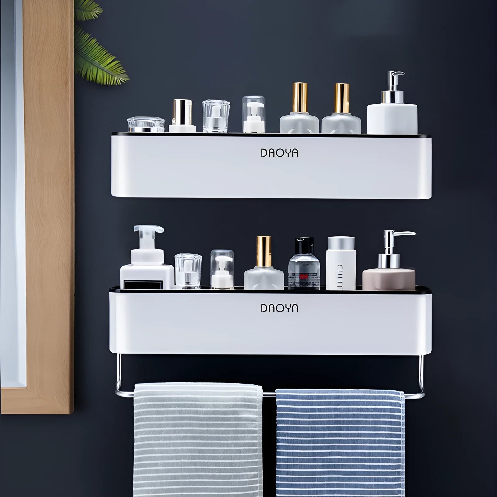 Plastic bathroom wall shelf with hole-free installation for shampoo and shower gel storage