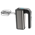 Silver handheld electric mini whisk with stainless steel beaters and 5-speed settings.