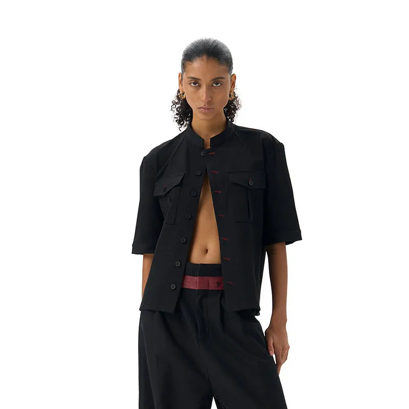 Handmade black half sleeve hunting shirt with shirt collar and single-breasted placket