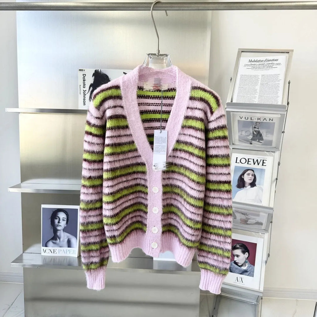 Pink wool lazy coat cardigan sweater with contrast colour details and regular sleeves