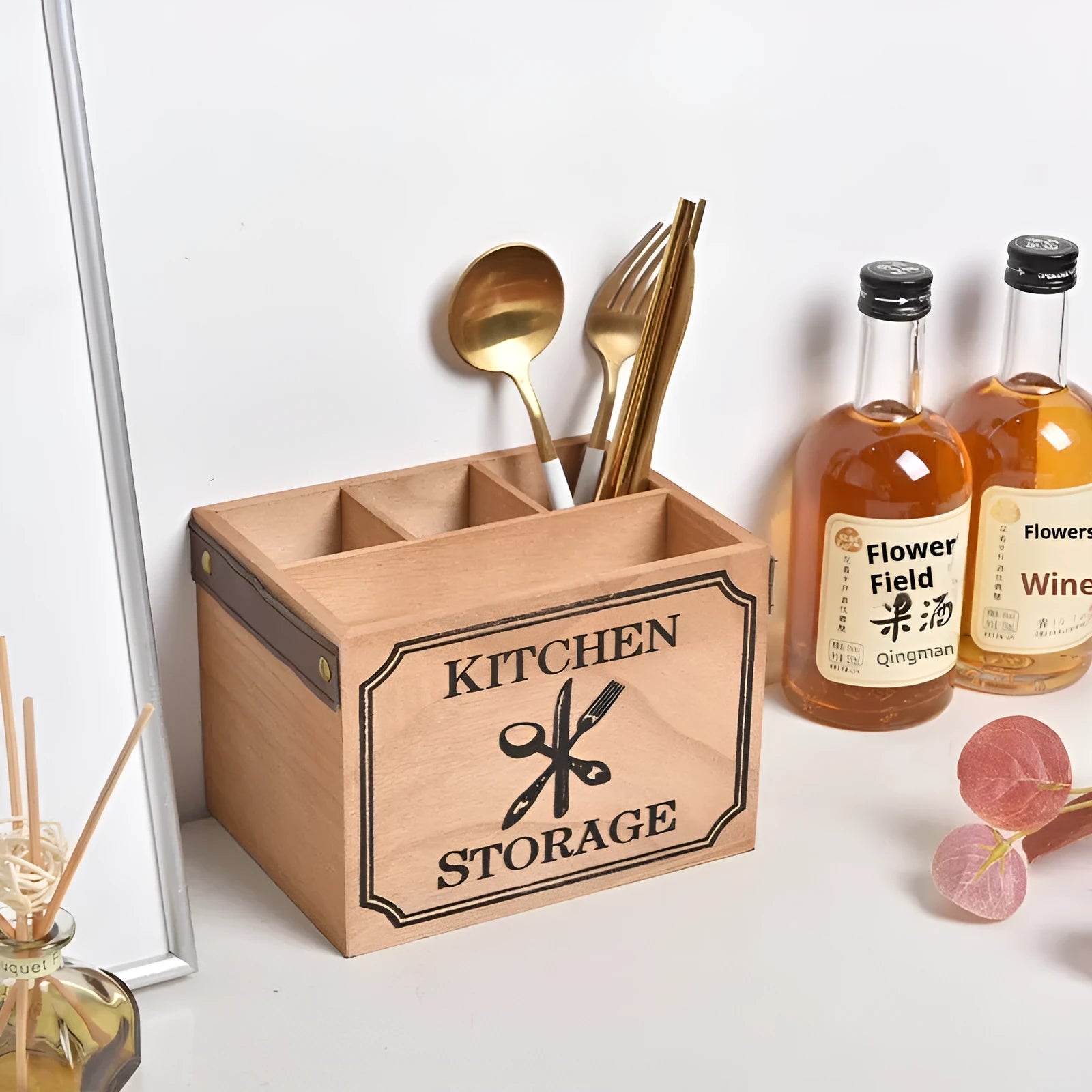 Wooden kitchen storage box with grid compartments for knives forks chopsticks measuring 12.5x12.5x23cm