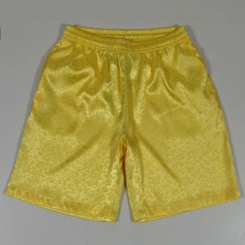 Men's black elastic waist Tang Suit Shorts for Tai Chi made from lightweight polyester.