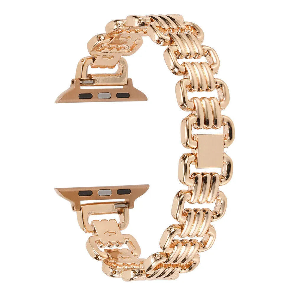 Alloy metal Apple Watch bracelet in silver, black, gold, rose gold, and Starlight colour options.