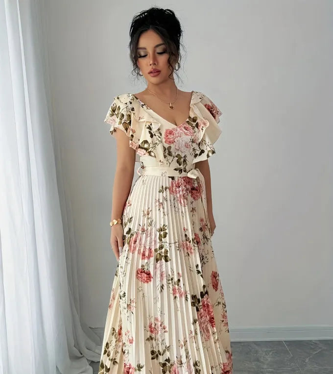 Apricot floral print dress with V-neck, ruffled short sleeves, and oversized swing skirt
