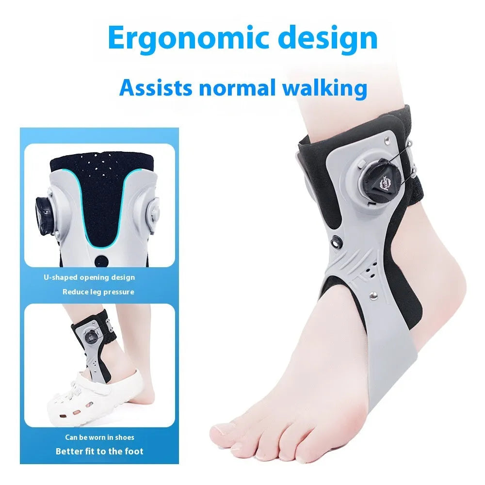 Grey and black ankle fixation brace with an airbag button, shown in separate left and right versions.