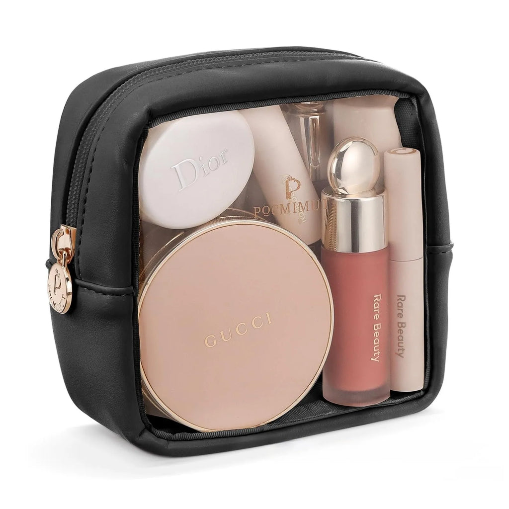 Transparent PVC leather cosmetic bag showing interior compartments for dry wet separation