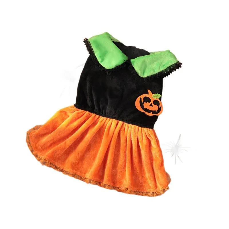 Halloween pumpkin skirt and sweater pet costumes for dogs and cats in crystal velvet fabric