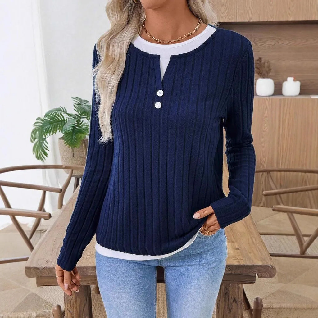 Women's fake two-piece pullover sweater with round neck, button details, and concave stripe pattern in solid colour