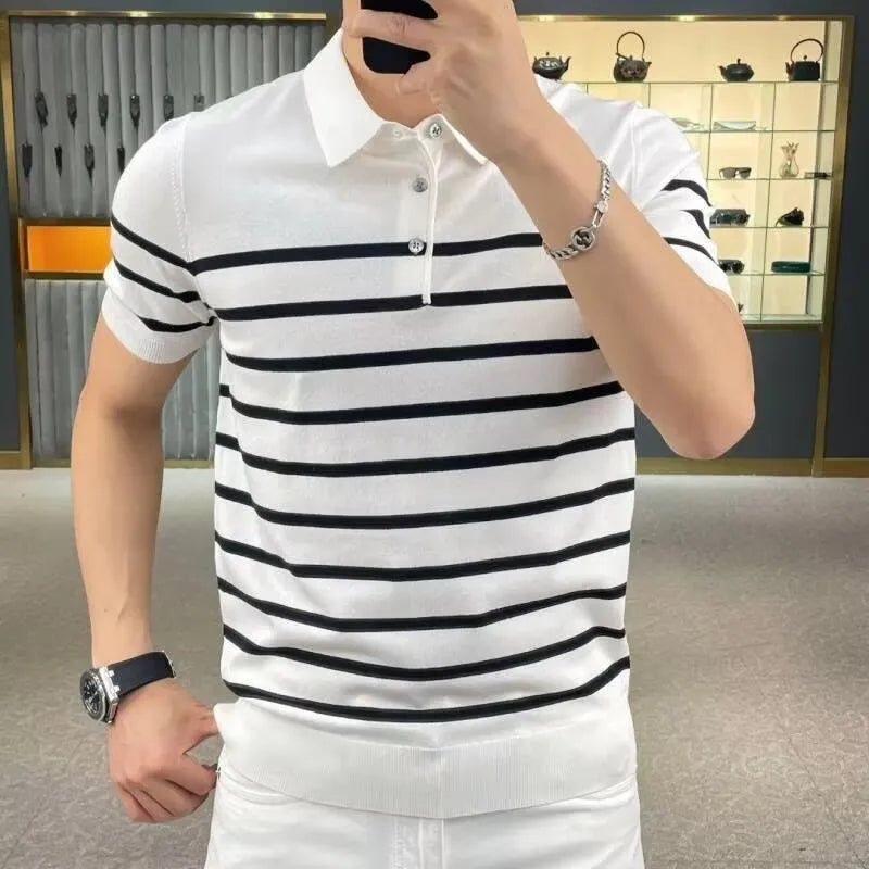 Striped lapel neckline knitted t-shirt in black and white colours showing pullover style and striped pattern