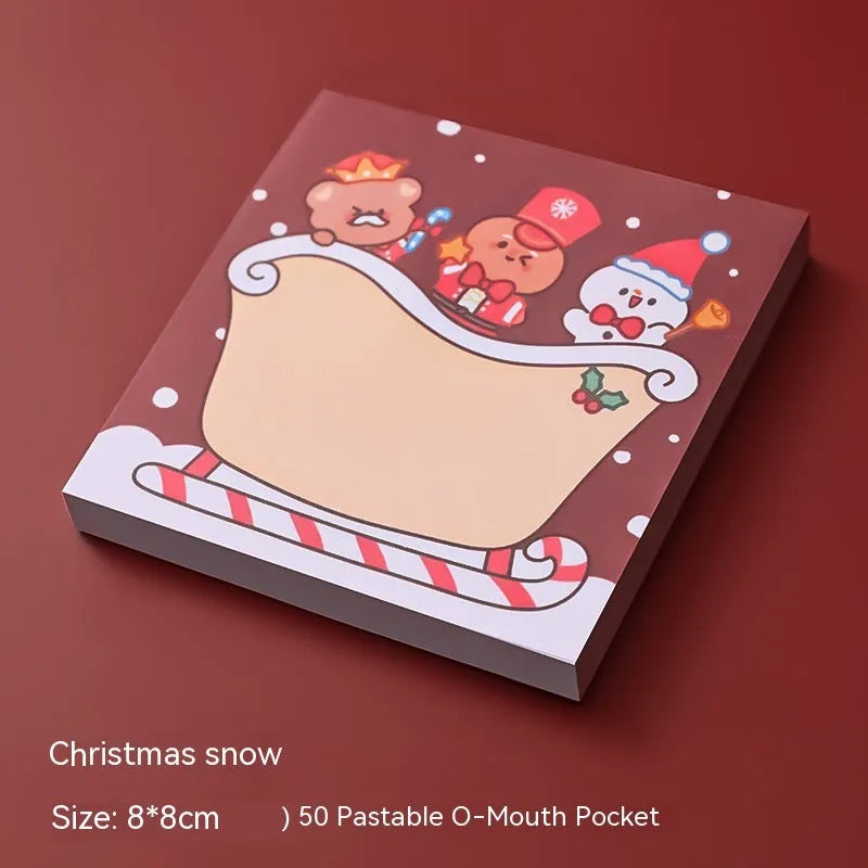 Christmas sticky notes showing eight cartoon designs including Santa Claus, elves, snowmen, and holiday gifts