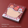 Christmas sticky notes showing eight cartoon designs including Santa Claus, elves, snowmen, and holiday gifts