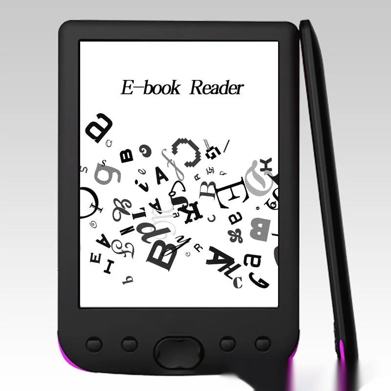Black 6-inch E-ink screen e-book reader held in a hand, showing a page of text.