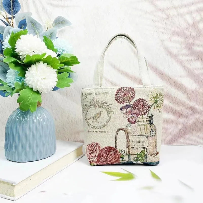 Double-sided gold wire embroidered canvas tote bag in botanical design with polyester construction