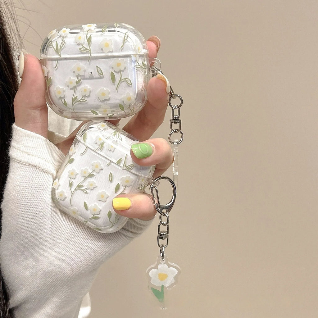 White floral pattern TPU protective cover for Apple AirPods charging case showing high transparency