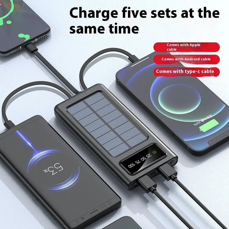 Solar power bank with 20000mAh capacity and integrated charging cables in black or white plastic case