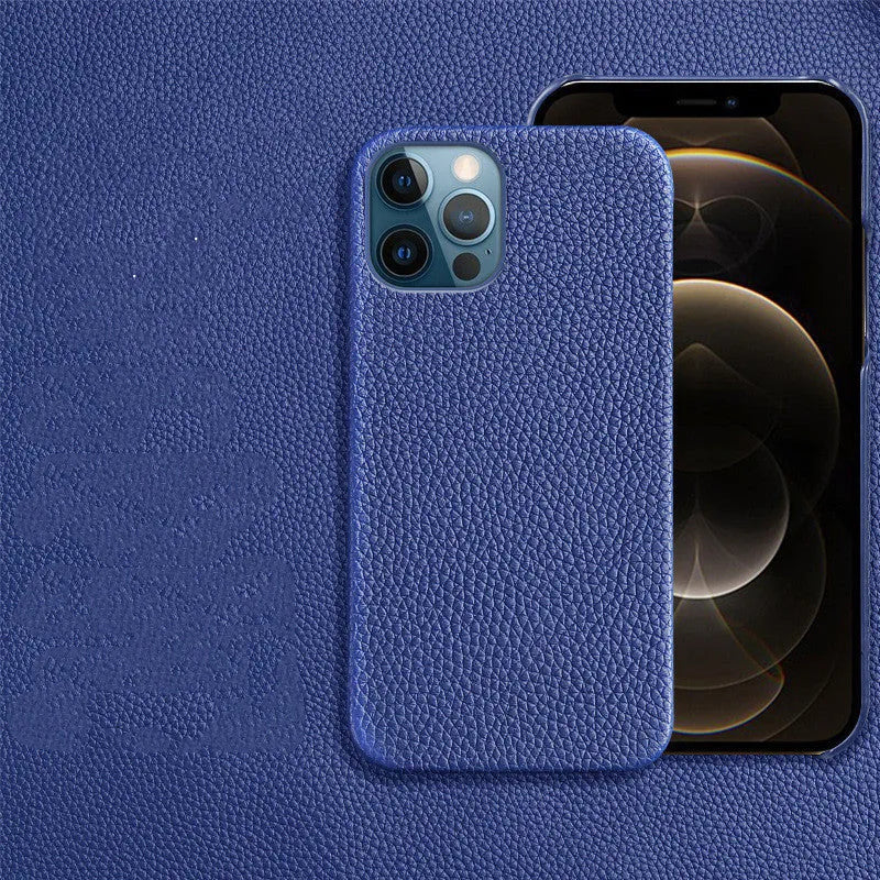 Genuine brown leather shatterproof protective case for iPhone on a table.
