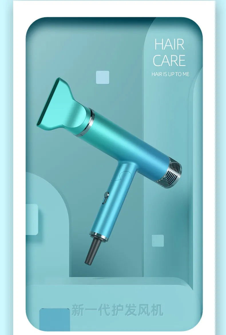 Green foldable hair dryer with collapsed handle next to open suitcase.