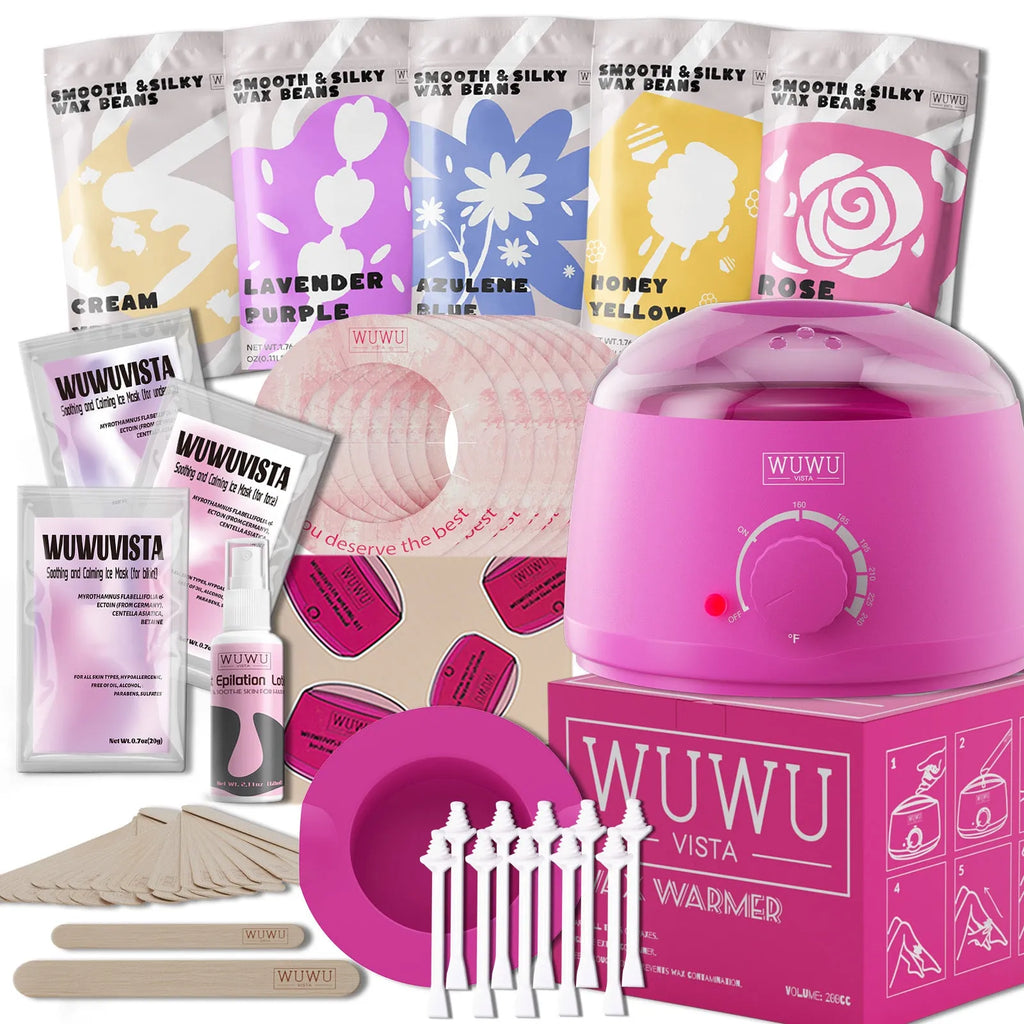 Professional waxing kit with hard wax beans, wax warmer, and post-care lotion for sensitive skin hair removal.