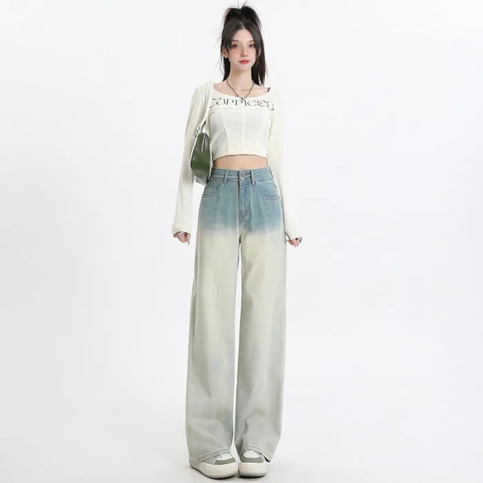 Women's straight-leg denim trousers in a gradient blue colour with a wide leg fit.