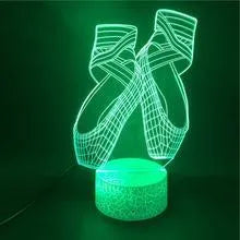 3D ballet shoes night light with colourful LED glow, showing remote control and USB cable.