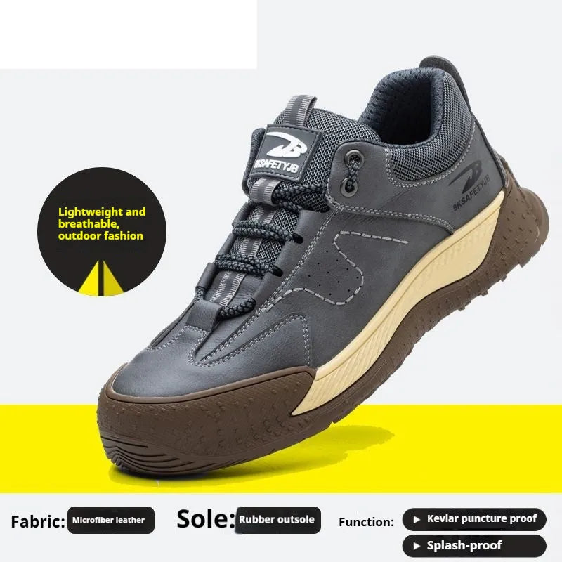 Leather work shoes with Flyknit detail, shown in a brown colour on a rubber sole.