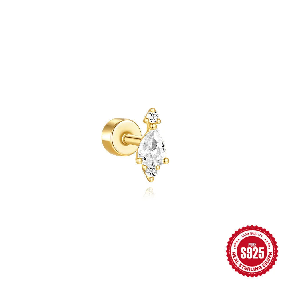 S925 sterling silver flat column geometric ear bone stud with threaded post in a gold colour finish.