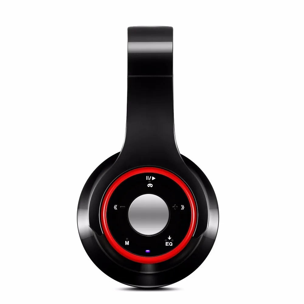 A foldable wireless Bluetooth headset with adjustable hinges, shown in blue, red, or rose red.