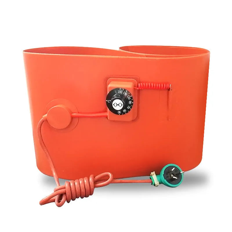 Silicone heating belt wrapped around a 200-litre oil drum with digital display controller and US plug.