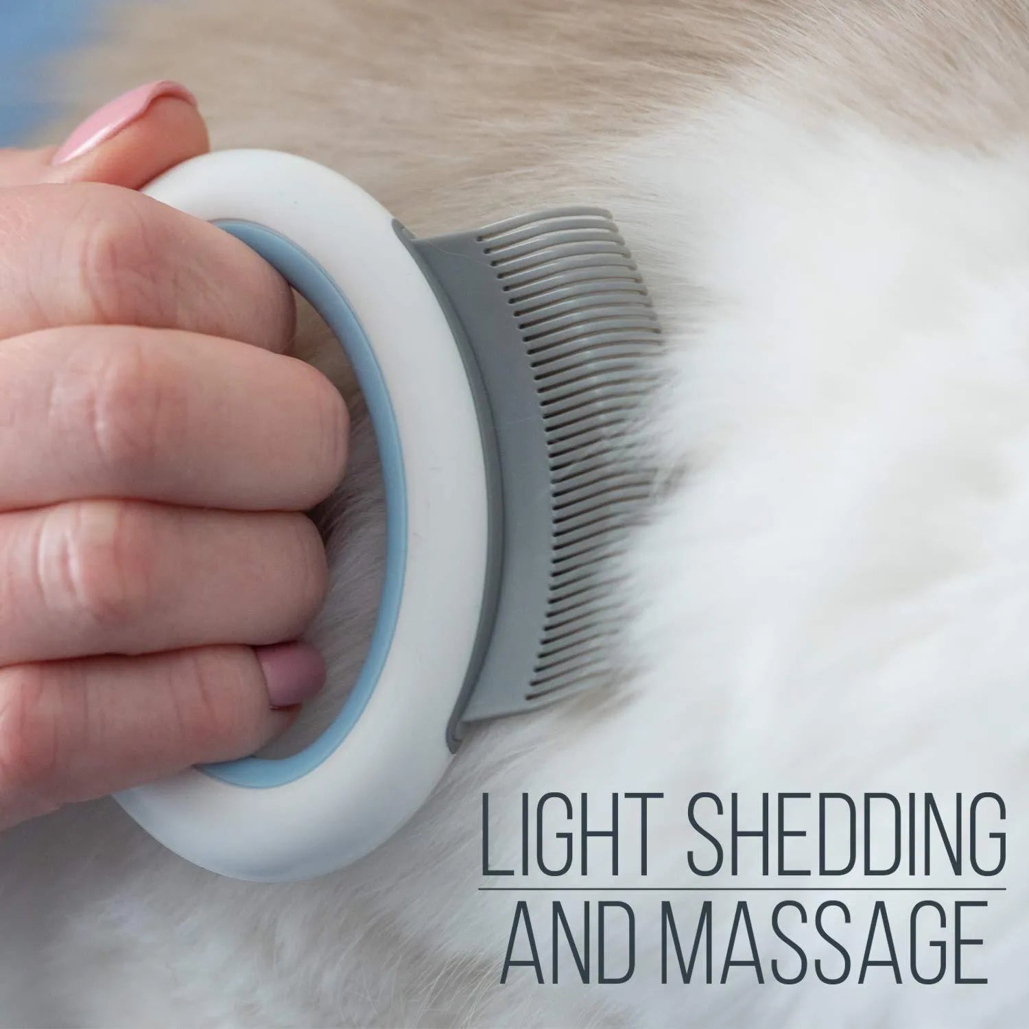 Blue pet grooming comb for deshedding and dematting cat and dog hair on a white background.