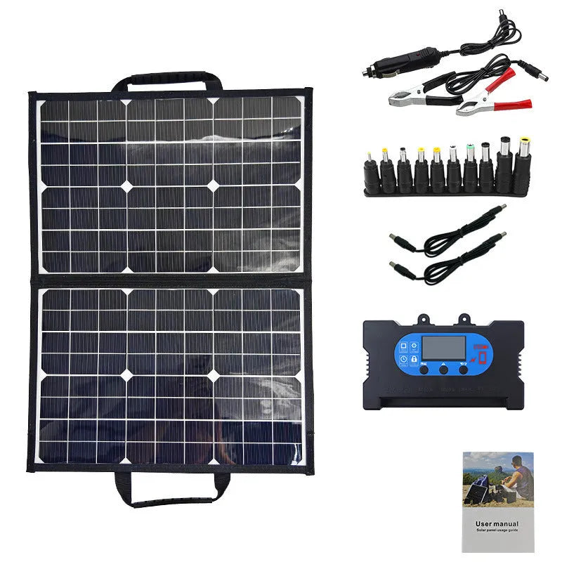 Black 40W monocrystalline folding solar panel bag shown folded to 425x285x8mm for portable outdoor power.